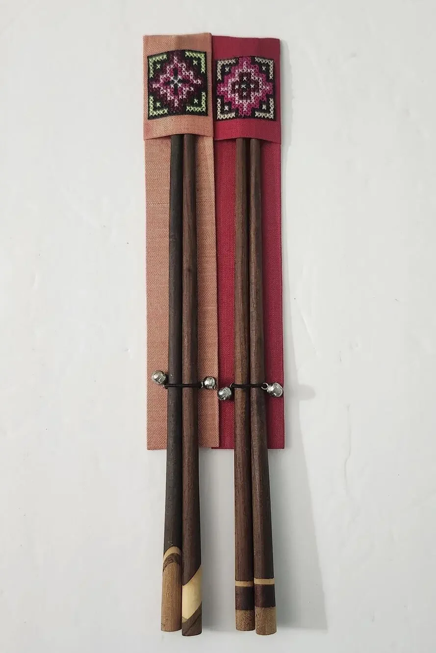Vintage Korean Wooden Chopsticks with Embroidered Sleeves Lot of Two Pairs